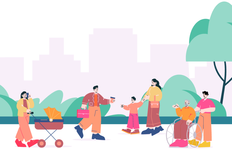 社会をで生きる人々を描いたイラスト